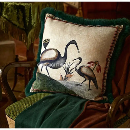 Emerald green velvet birds floral print cushion cover living room