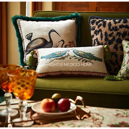Emerald green velvet birds floral print cushion cover living room