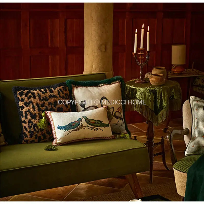 Emerald green velvet birds floral print cushion cover living room