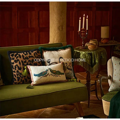 Emerald green velvet birds floral print cushion cover living room