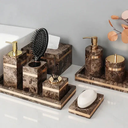 Emperador dark marble bathroom set brown & gold accessories