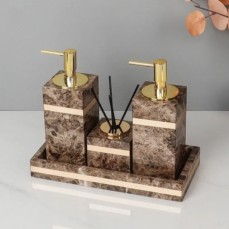 Emperador dark marble bathroom set brown & gold accessories