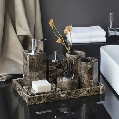 Emperador dark marble bathroom set with chrome accents