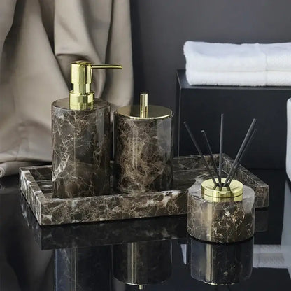 Emperador dark marble bathroom set with chrome accents