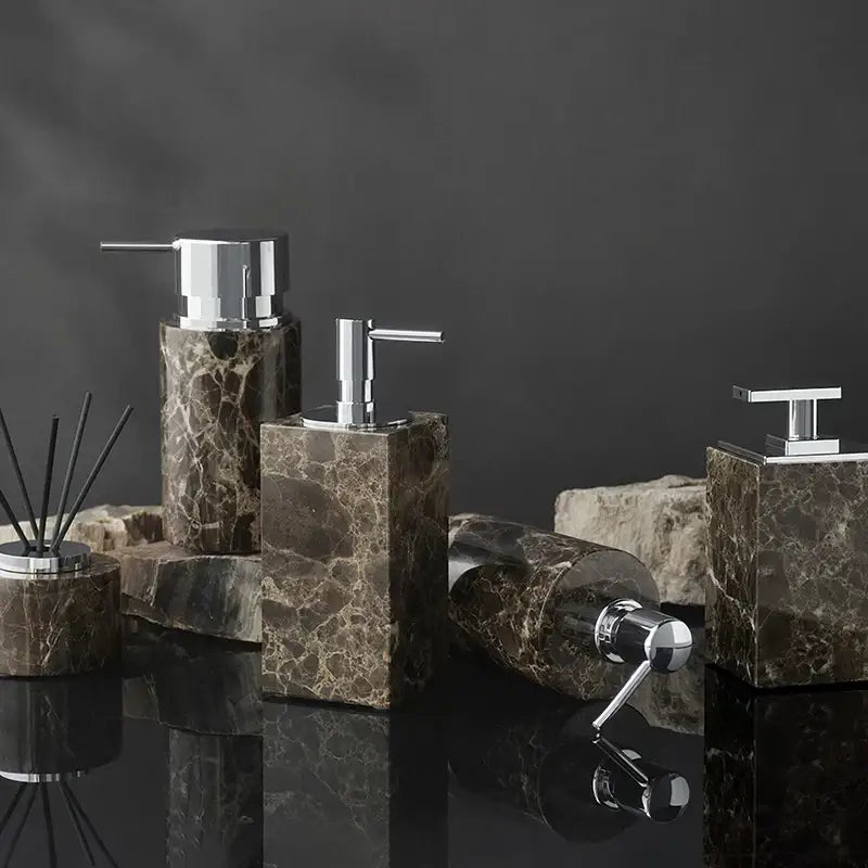 Emperador dark marble bathroom set with chrome accents