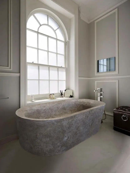 Coffee Brown Natural Travertine Hand-Carved Oval Soaking Bathtub - 40x72x22 Inches