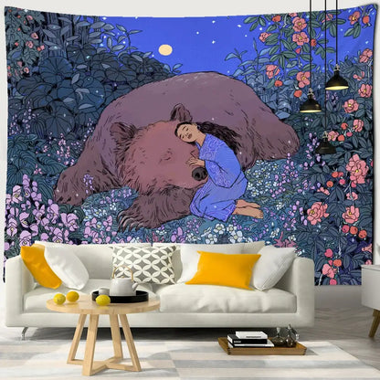 Enchanted forest tapestry blue bear and woman art bedroom decor