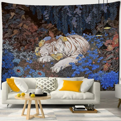 Enchanted forest tapestry blue bear and woman art bedroom decor