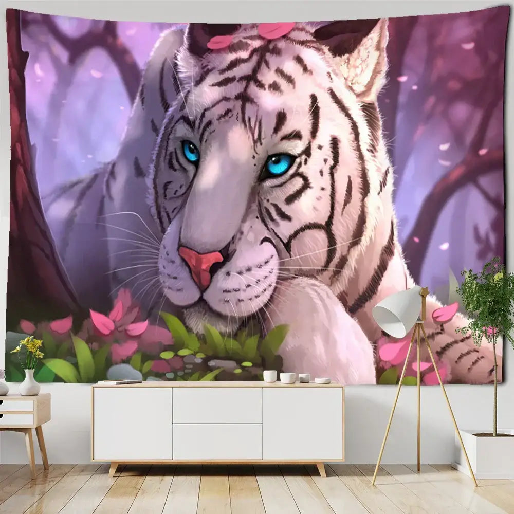 Enchanted forest tapestry blue bear and woman art bedroom decor