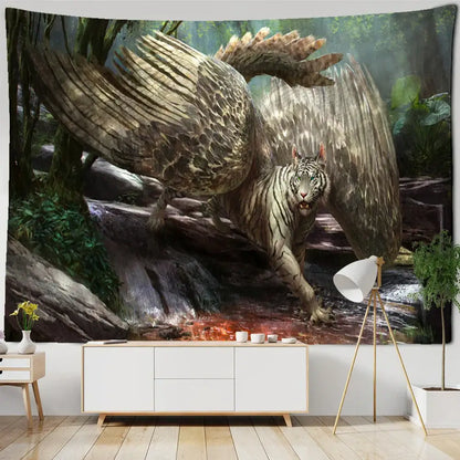 Enchanted forest tapestry blue bear and woman art bedroom decor