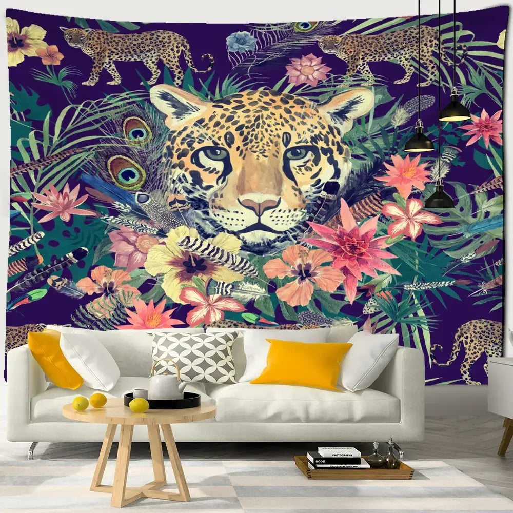 Enchanted forest tapestry blue bear and woman art bedroom decor