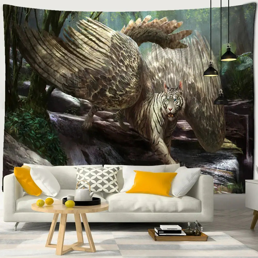 Enchanted forest tapestry blue bear and woman art bedroom decor