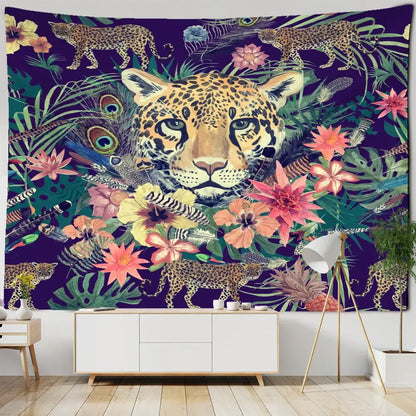 Enchanted forest tapestry blue bear and woman art bedroom decor