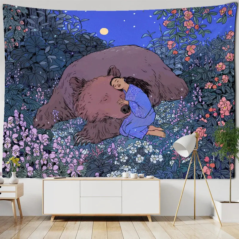 Enchanted forest tapestry blue bear and woman art bedroom decor
