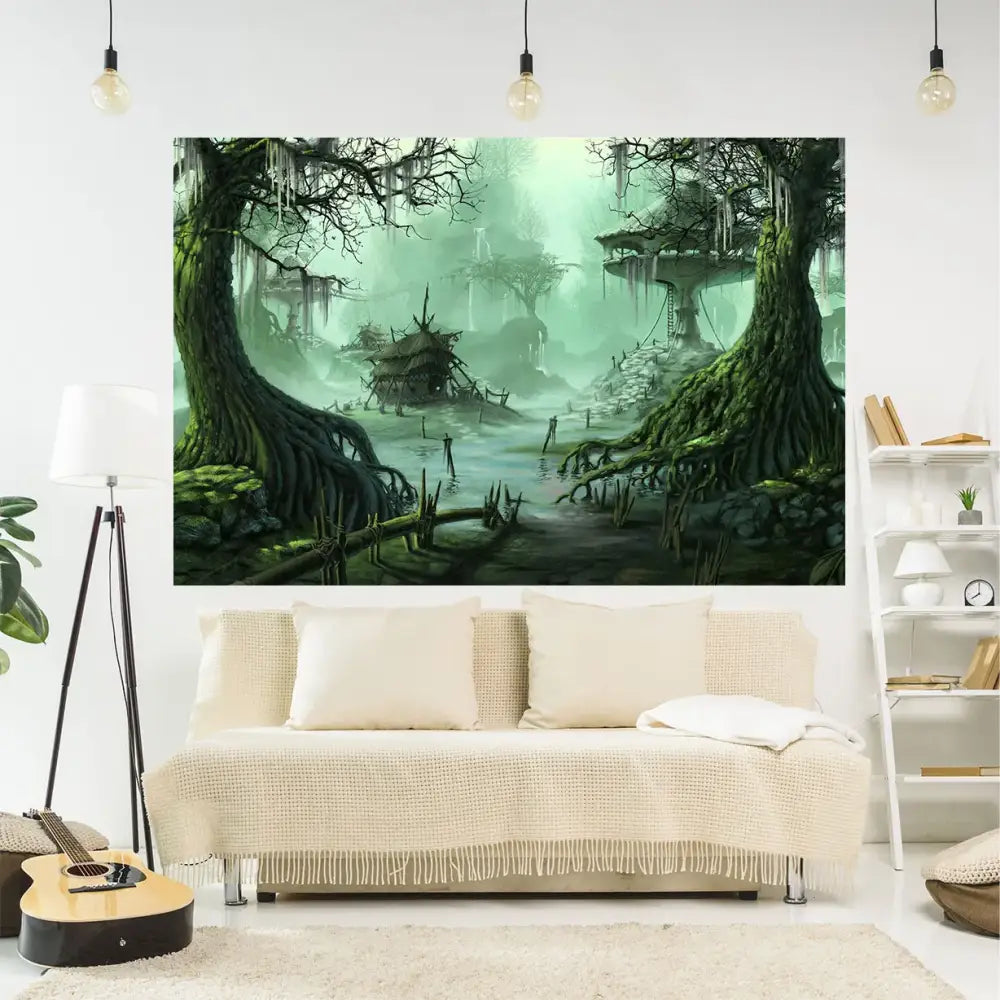 Enchanted swamp tapestry white & red yoga mat – living room decor