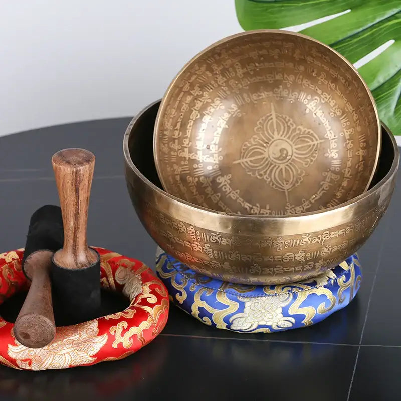 Engraved gold tibetan singing bowl yoga meditation room decor