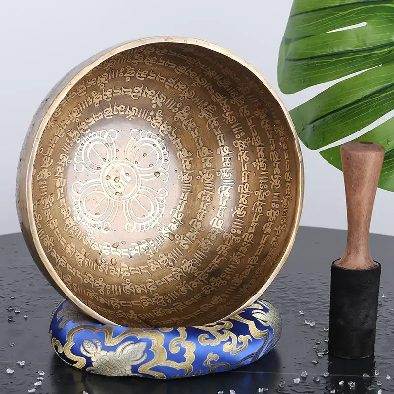 Engraved gold tibetan singing bowl yoga meditation room decor