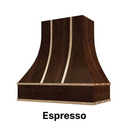 Wood Range Hood With Curved Front, Brass Strapping and Buttons - 30", 36", 42", 48", 54" and 60" Widths Available