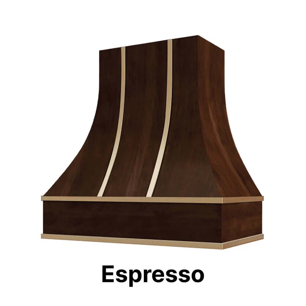 Wood Range Hood With Curved Front and Brass Strapping and Flat Trim - 30" 36" 42" 48" 54" and 60" Widths Available