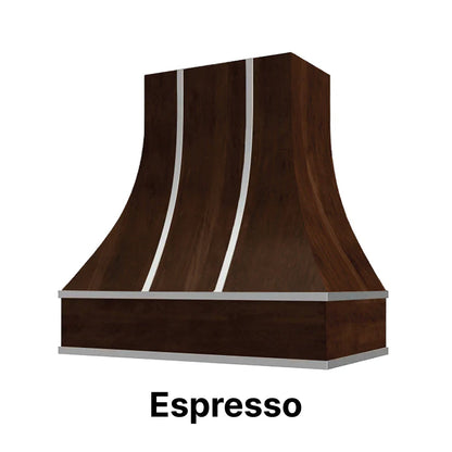 Wood Range Hood With Curved Front, Silver Strapping and Block Trim - 30", 36", 42", 48", 54" and 60" Widths Available