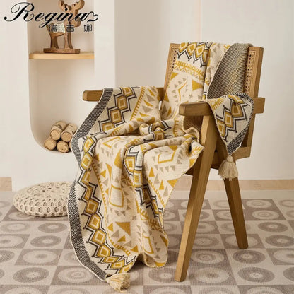 Ethnic bohemian blanket cream & mustard knit throw living room decor
