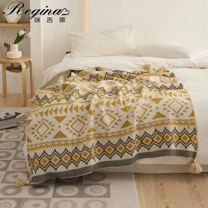 Ethnic bohemian blanket cream & mustard knit throw living room decor