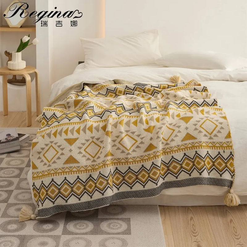 Ethnic bohemian blanket cream & mustard knit throw living room decor