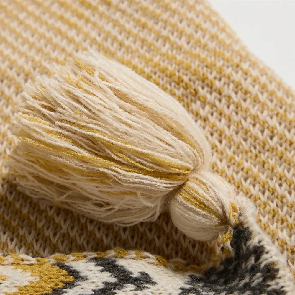 Ethnic bohemian blanket cream & mustard knit throw living room decor