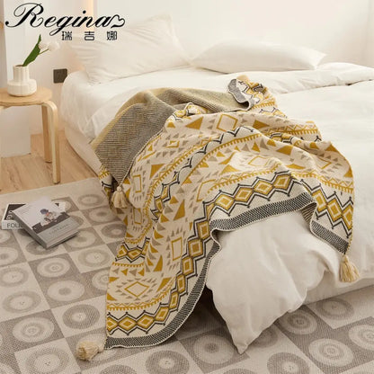 Ethnic bohemian blanket cream & mustard knit throw living room decor