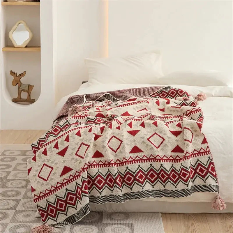 Ethnic bohemian blanket cream & mustard knit throw living room decor