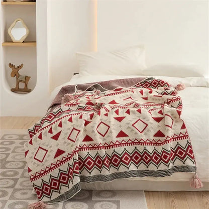 Ethnic bohemian blanket cream & mustard knit throw living room decor