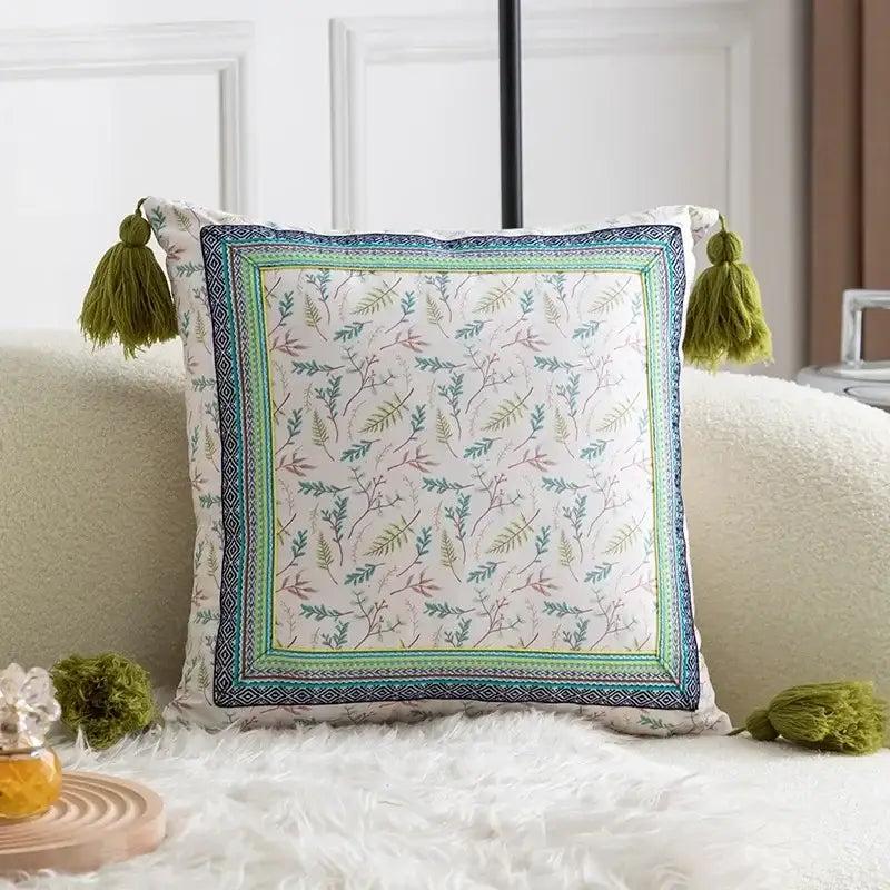 Ethnic botanical teal & navy pillow cover set living room tassels
