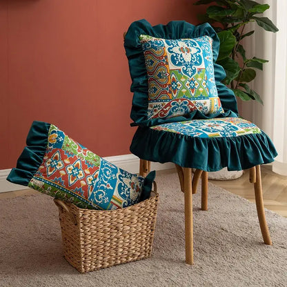 Ethnic botanical teal & navy pillow cover set living room tassels