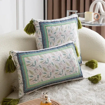 Ethnic botanical teal & navy pillow cover set living room tassels