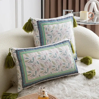 Ethnic botanical teal & navy pillow cover set living room tassels