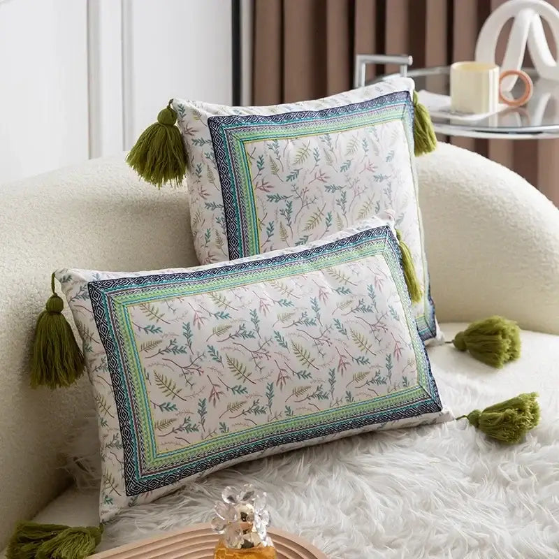 Ethnic botanical teal & navy pillow cover set living room tassels