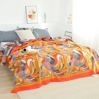 Ethnic cotton blanket mustard & navy paisley quilt bedroom throw