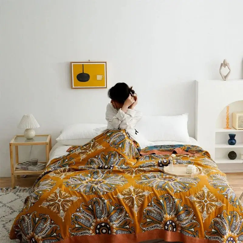 Ethnic cotton blanket mustard & navy paisley quilt bedroom throw