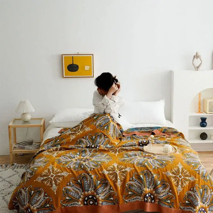 Ethnic cotton blanket mustard & navy paisley quilt bedroom throw