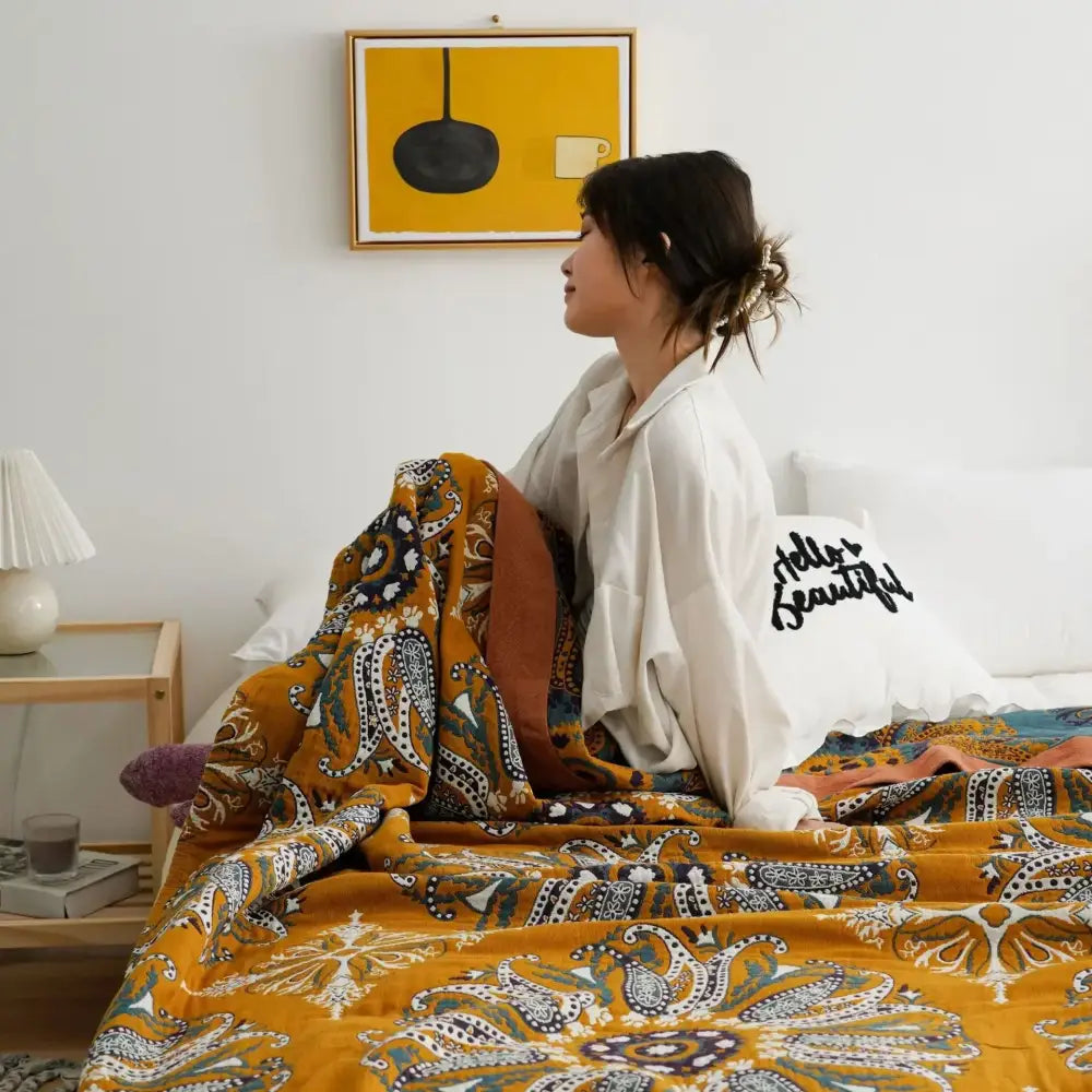 Ethnic cotton blanket mustard & navy paisley quilt bedroom throw