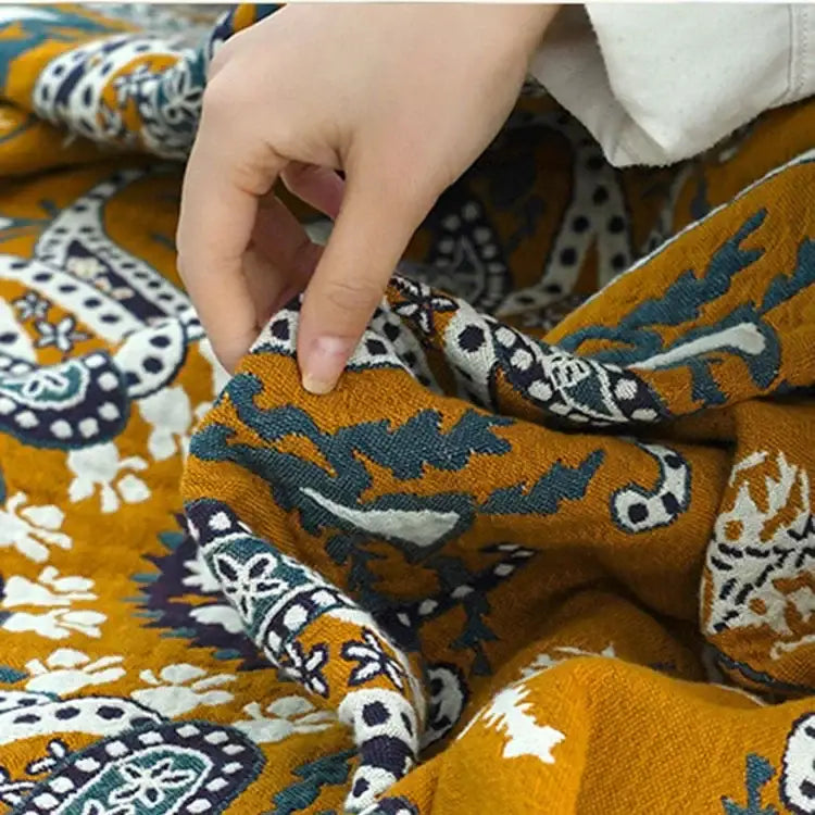 Ethnic cotton blanket mustard & navy paisley quilt bedroom throw