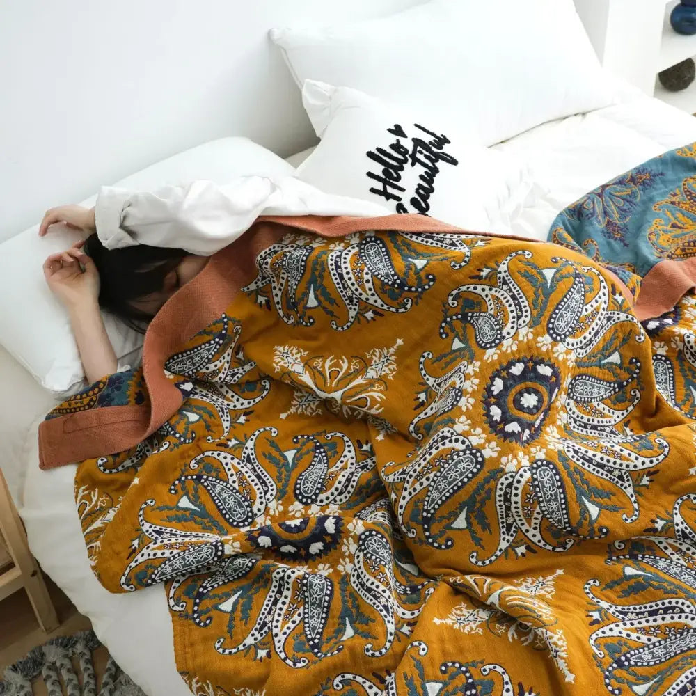 Ethnic cotton blanket mustard & navy paisley quilt bedroom throw