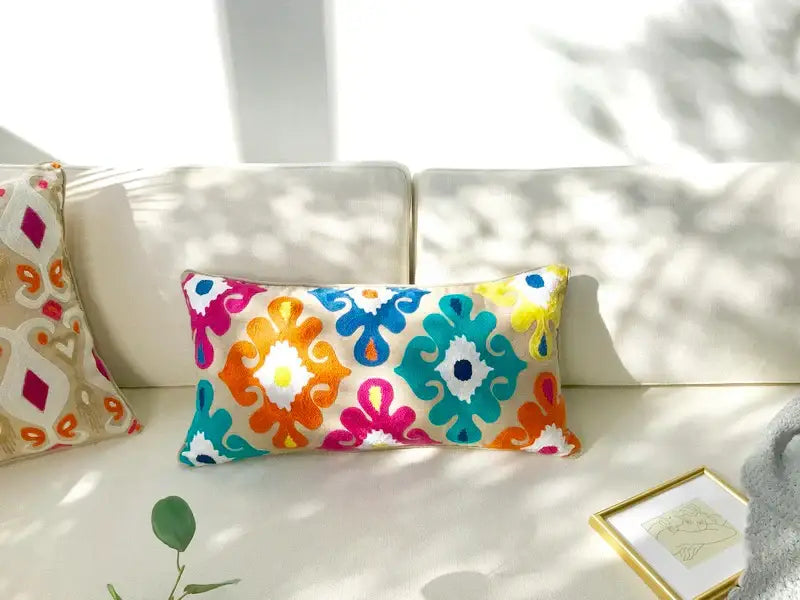 Ethnic embroidered floral pillow cover with tassels living room decor