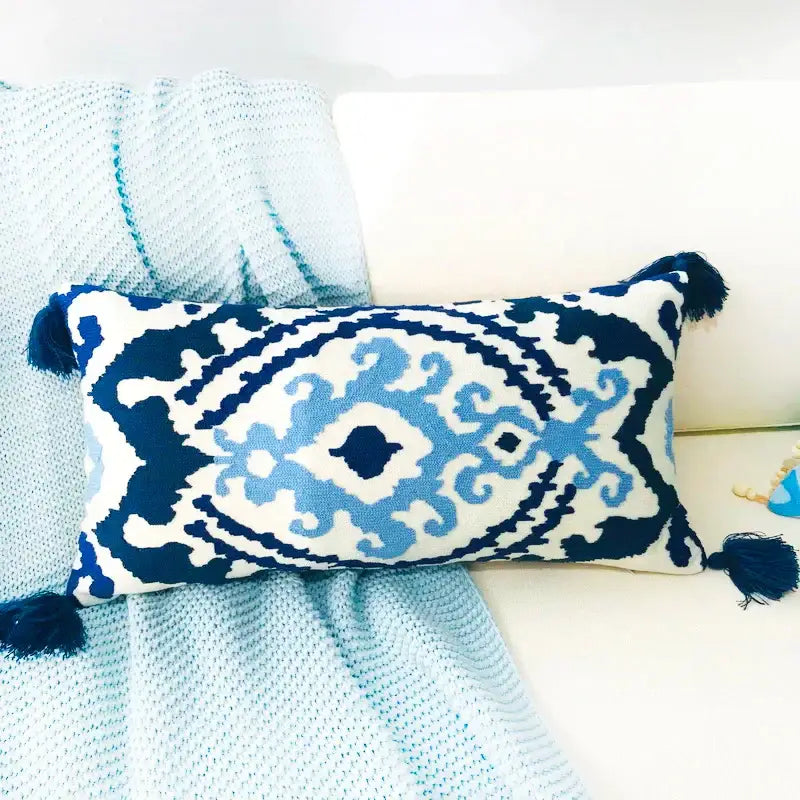 Ethnic embroidered floral pillow cover with tassels living room decor
