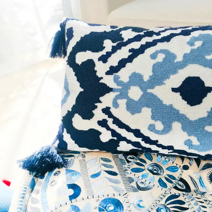 Ethnic embroidered floral pillow cover with tassels living room decor