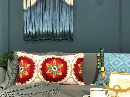 Ethnic embroidered floral pillow cover with tassels living room decor