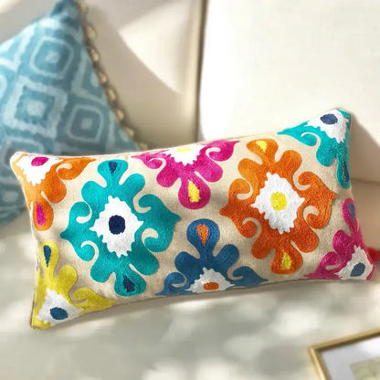 Ethnic embroidered floral pillow cover with tassels living room decor