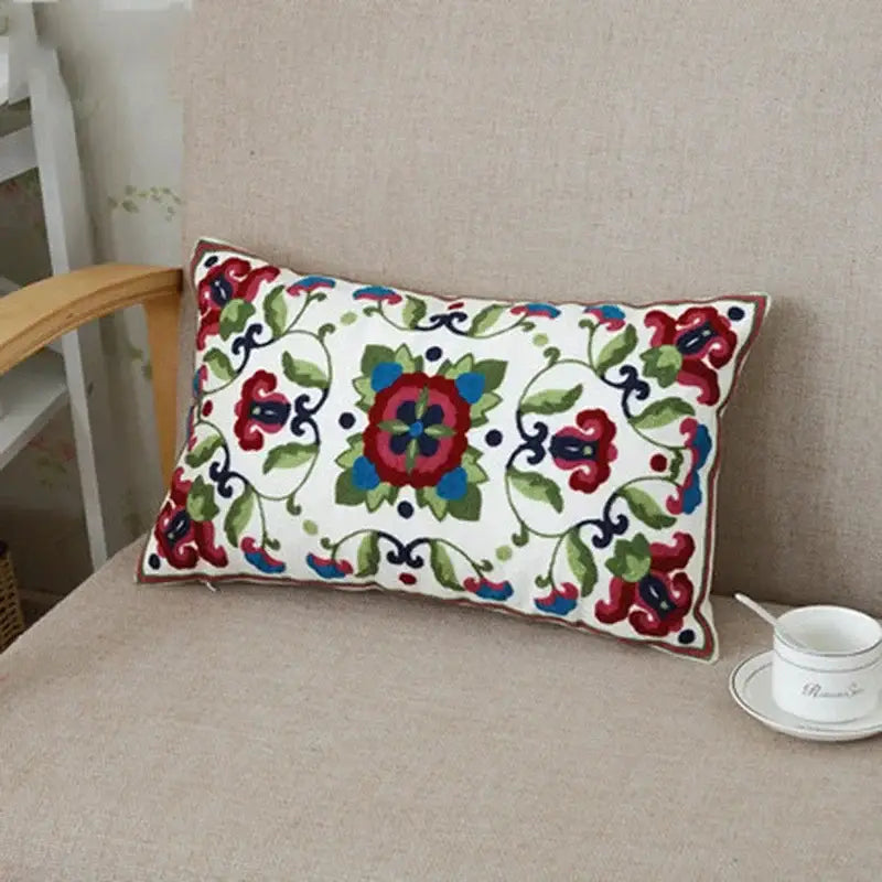 Ethnic floral canvas cotton embroidered pillow case living room decor