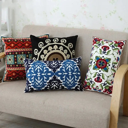 Ethnic floral canvas cotton embroidered pillow case living room decor