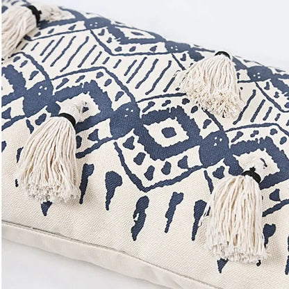 Ethnic geometric printed navy & white cushion cover living room tassels
